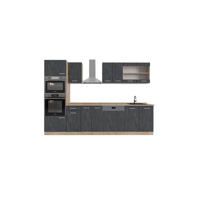 Vicco R-Line Komplettküche Schwarz Beton/Goldkraft Eiche 300 cm AP Anthrazit ohne E-Geräte