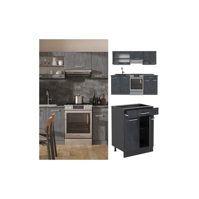 Vicco R-Line Küchenzeile Schwarz Beton/Anthrazit 200 cm AP Eiche ohne E-Geräte