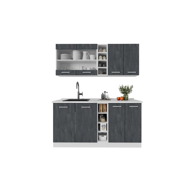 Vicco R-Line Mini-Küche Schwarz Beton/Weiß 160 cm AP Marmor ohne E-Geräte