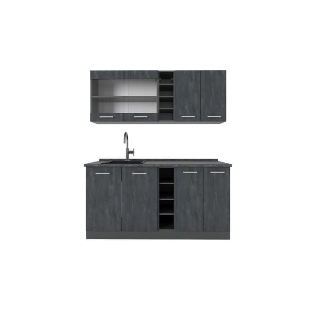 Vicco R-Line Mini-Küche Schwarz Beton/Anthrazit 160 cm AP Eiche ohne E-Geräte