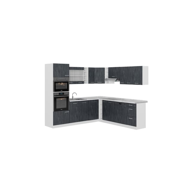 Vicco R-Line Einbauküche in L-Form Schwarz Beton/Weiß 237 x 247 cm AP Eiche ohne E-Geräte