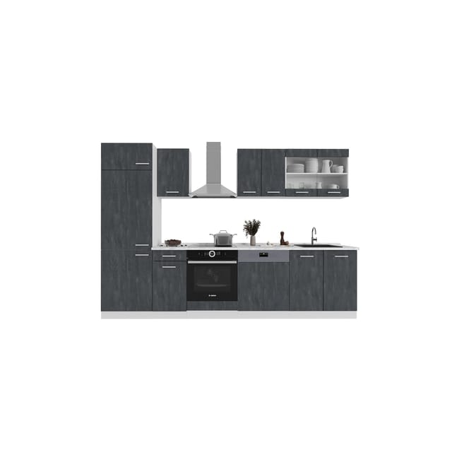 Vicco R-Line Küchenzeile Schwarz Beton/Weiß 300 cm AP Marmor ohne E-Geräte