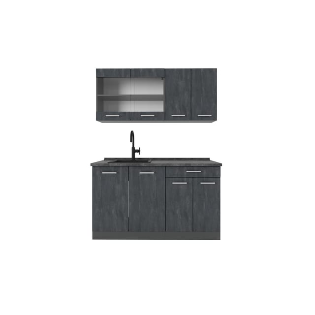 Vicco R-Line Mini-Küche Schwarz Beton/Anthrazit 140 cm AP Eiche ohne E-Geräte