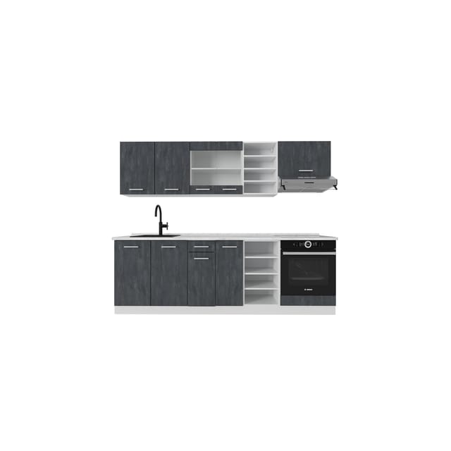 Vicco R-Line Komplettküche Schwarz Beton/Weiß 240 cm AP Marmor ohne E-Geräte