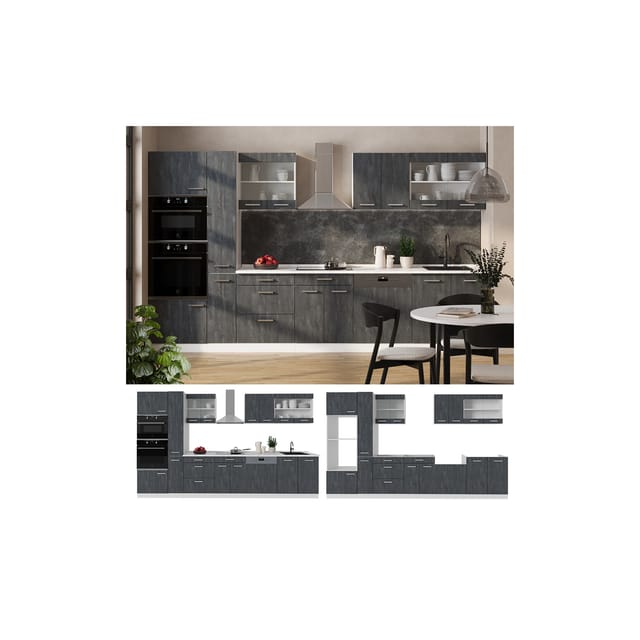 Vicco R-Line Komplettküche Schwarz Beton/Weiß 350 cm AP Anthrazit ohne E-Geräte