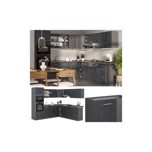 Vicco R-Line Einbauküche in L-Form Schwarz Beton/Anthrazit 237 x 247 cm ohne Arbeitsplatte ohne E-Geräte