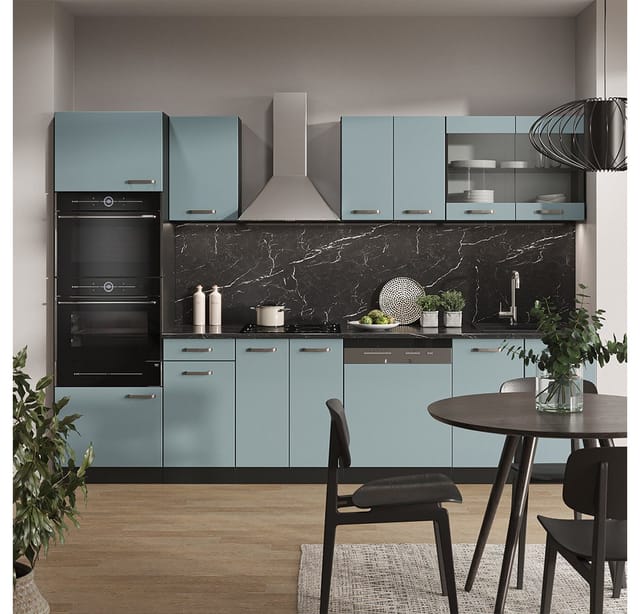 Vicco R-Line Küchenzeile Blau-Grau/Anthrazit 300 cm mit Hochschrankohne Arbeitsplatte ohne E-Geräte