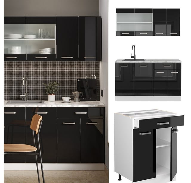 Vicco R-Line Mini-Küche Schwarz Hochglanz 140 cm AP Marmor ohne E-Geräte
