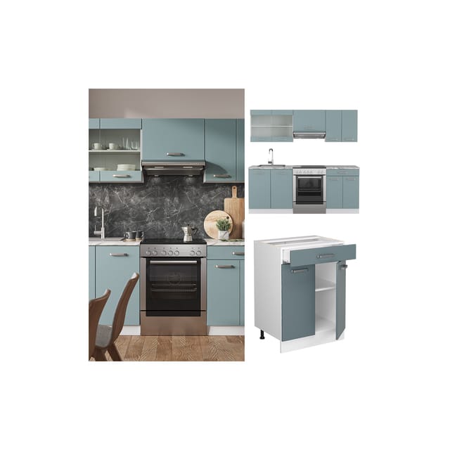 Vicco R-Line Küchenzeile Blau-Grau/Weiß 200 cm ohne Arbeitsplatte ohne E-Geräte