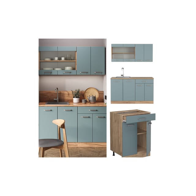 Vicco R-Line Single Küche Blau-Grau/Goldkraft Eiche 140 cm ohne Arbeitsplatte ohne E-Geräte