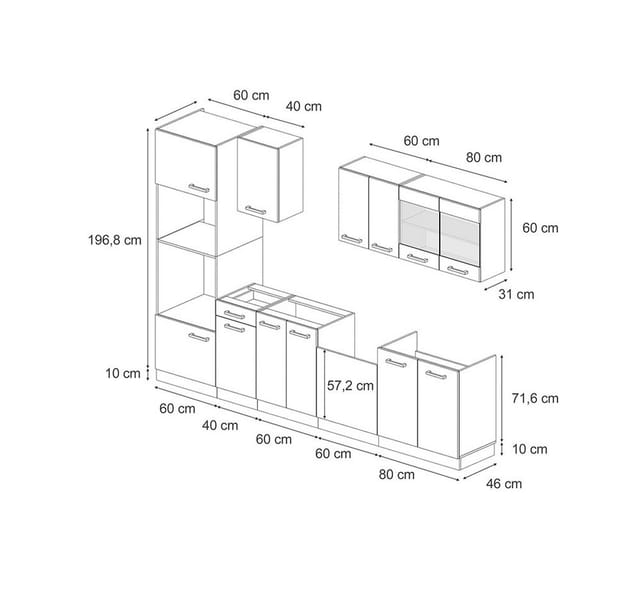 Vicco R-Line Küchenzeile Artisan-Eiche/Goldkraft Eiche 300 cm mit Hochschrankohne Arbeitsplatte ohne E-Geräte