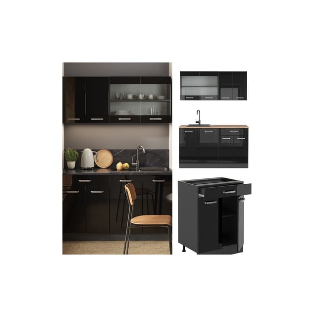 Vicco R-Line Mini-Küche Schwarz Hochglanz/Anthrazit 140 cm ohne Arbeitsplatte ohne E-Geräte