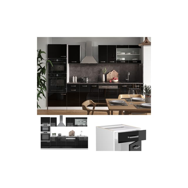 Vicco R-Line Küchenzeile Schwarz Hochglanz 300 cm mit HochschrankAP Marmor ohne E-Geräte