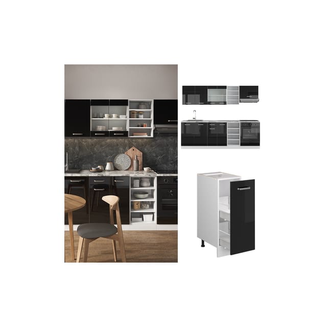 Vicco R-Line Küchenzeile Schwarz Hochglanz/Weiß 240 cm ohne Arbeitsplatte ohne E-Geräte