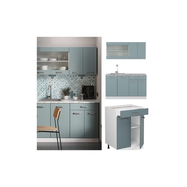 Vicco R-Line Mini-Küche Blau-Grau 140 cm AP Marmor ohne E-Geräte