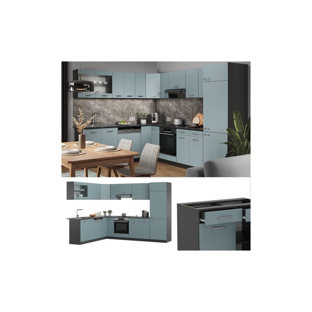 Vicco R-Line Einbauküche Blau-Grau/Anthrazit 227 x 287 cm ohne Arbeitsplatte ohne E-Geräte