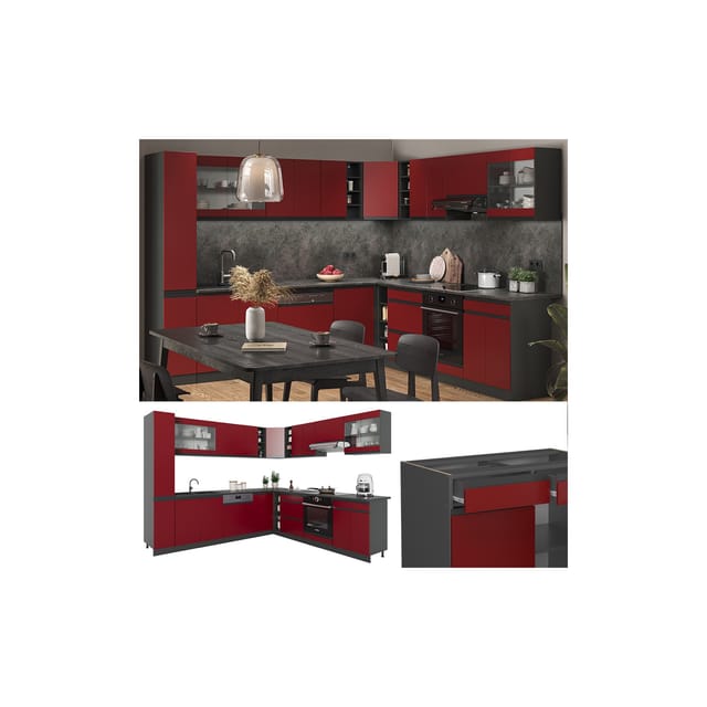 Vicco R-Line Eckküche Rot 257 x 60 cm J-Shapeohne Arbeitsplatte ohne E-Geräte