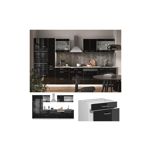 Vicco R-Line Komplettküche Schwarz-Eiche Hochglanz/Weiß 350 cm mit HochschrankAP Marmor ohne E-Geräte