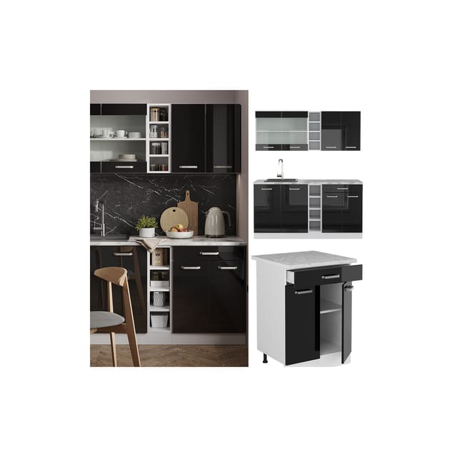 Vicco R-Line Mini-Küche Schwarz Hochglanz 160 cm AP Marmor ohne E-Geräte