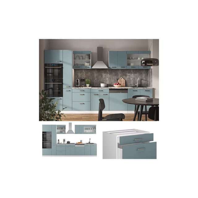 Vicco R-Line Küchenzeile Blau-Grau/Weiß 350 cm mit HochschrankAP Marmor ohne E-Geräte