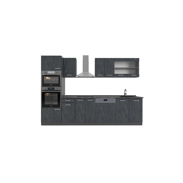 Vicco R-Line Küchenzeile Schwarz Beton/Anthrazit 300 cm AP Eiche ohne E-Geräte