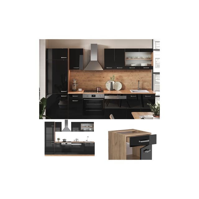 Vicco R-Line Küche Schwarz Hochglanz/Goldkraft Eiche 300 cm ohne Arbeitsplatte ohne E-Geräte