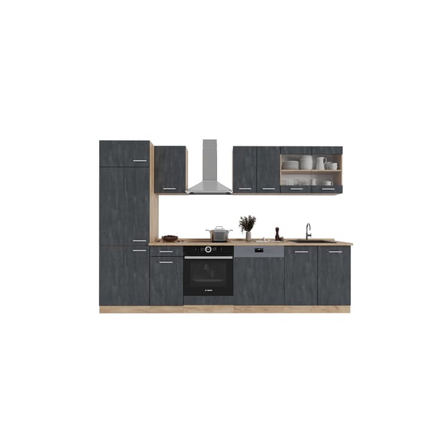 Vicco R-Line Küchenzeile Schwarz Beton/Goldkraft Eiche 300 cm AP Anthrazit ohne E-Geräte
