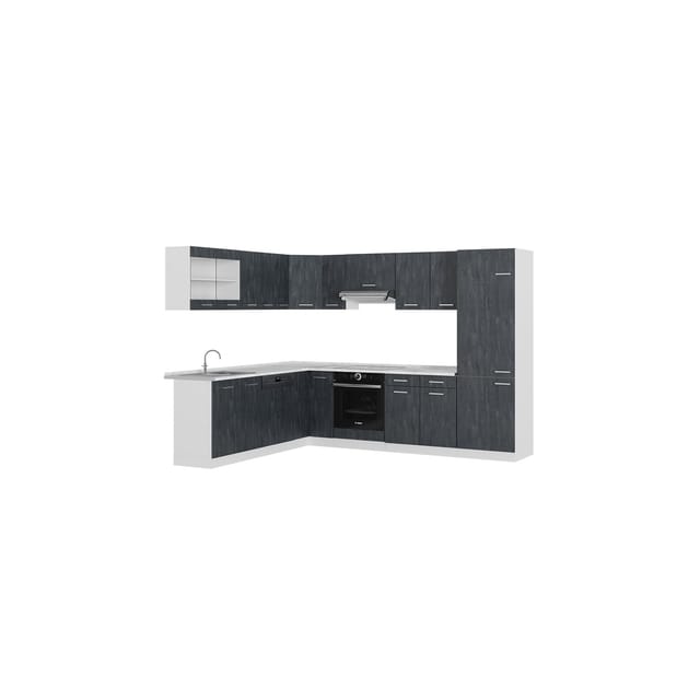 Vicco R-Line Einbauküche in L-Form Schwarz Beton/Weiß 227 x 287 cm AP Eiche ohne E-Geräte