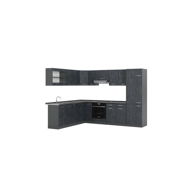 Vicco R-Line Einbauküche in L-Form Schwarz Beton/Anthrazit 227 x 287 cm AP Marmor ohne E-Geräte