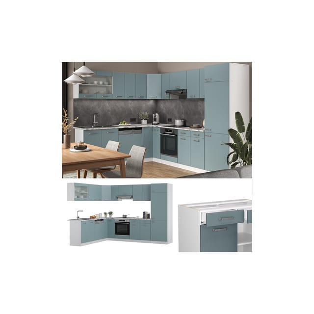 Vicco R-Line Eckküche Blau-Grau 227 x 287 cm AP Marmor ohne E-Geräte