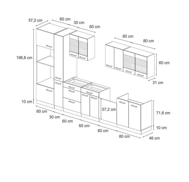 Vicco R-Line Küchenzeile Schwarz Hochglanz/Anthrazit 350 cm mit Hochschrankohne Arbeitsplatte ohne E-Geräte
