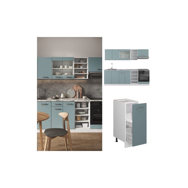 Vicco R-Line Küchenzeile Blau-Grau 240 cm AP Marmor ohne E-Geräte