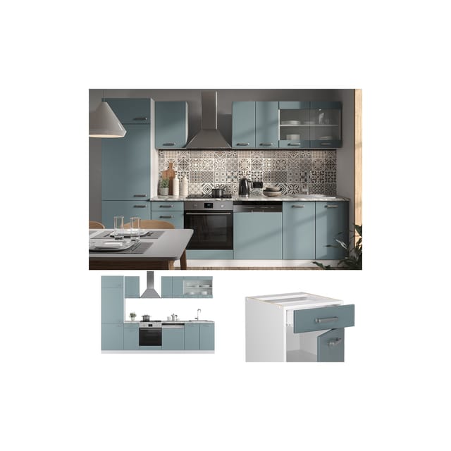 Vicco R-Line Küchenzeile Blau-Grau 300 cm AP Marmor ohne E-Geräte