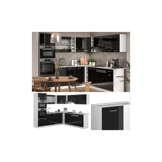Vicco R-Line Einbauküche in L-Form Schwarz Hochglanz 237 x 60 cm AP Marmor ohne E-Geräte