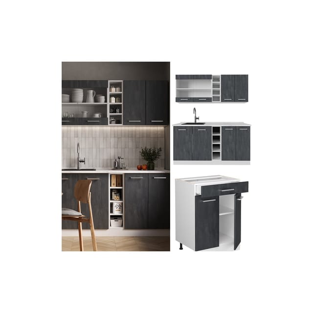 Vicco R-Line Mini-Küche Schwarz Beton/Weiß 160 cm ohne Arbeitsplatte ohne E-Geräte