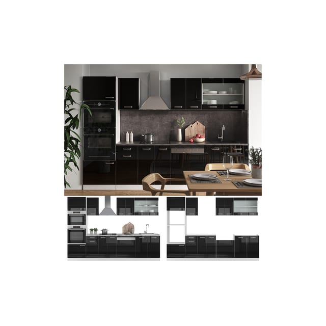 Vicco R-Line Küche Schwarz Hochglanz/Weiß 300 cm mit Hochschrankohne Arbeitsplatte ohne E-Geräte