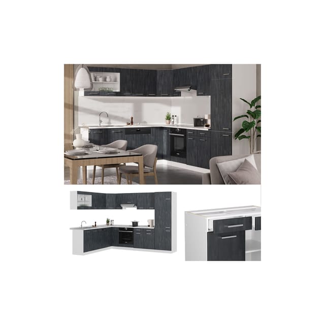 Vicco R-Line Einbauküche in L-Form Schwarz Beton/Weiß 227 x 287 cm ohne Arbeitsplatte ohne E-Geräte