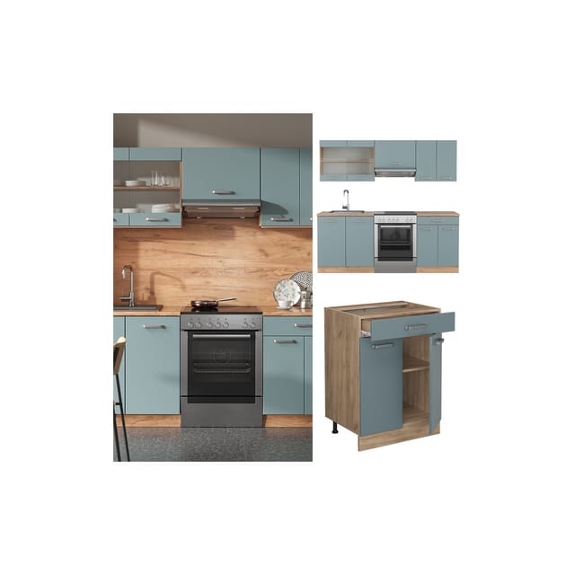 Vicco R-Line Küchenzeile Blau-Grau/Goldkraft Eiche 200 cm ohne Arbeitsplatte ohne E-Geräte