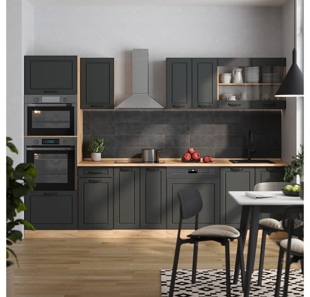 Vicco R-Line Küchenzeile Anthrazit Landhaus/Goldkraft Eiche 300 cm mit Hochschrankohne Arbeitsplatte ohne E-Geräte