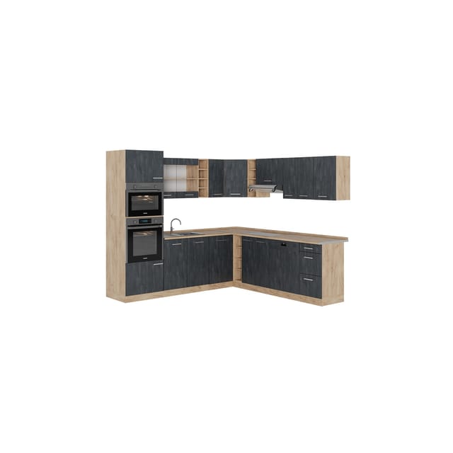 Vicco R-Line Einbauküche in L-Form Schwarz Beton/Goldkraft Eiche 237 x 247 cm AP Anthrazit ohne E-Geräte