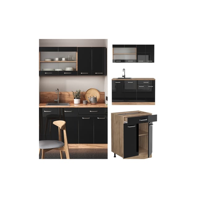 Vicco R-Line Singleküche Schwarz Hochglanz/Goldkraft Eiche 140 cm ohne Arbeitsplatte ohne E-Geräte