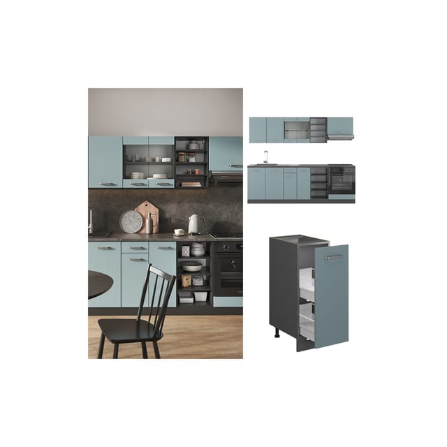 Vicco R-Line Küchenzeile Blau-Grau/Anthrazit 240 cm ohne Arbeitsplatte ohne E-Geräte