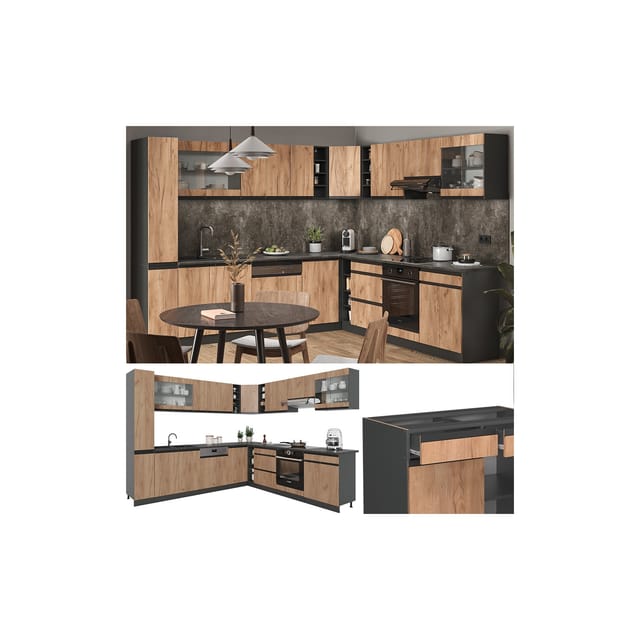 Vicco R-Line Eckküche Goldkraft Eiche 257 x 60 cm J-Shapeohne Arbeitsplatte ohne E-Geräte