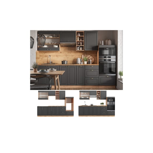 Vicco Fame-Line Küchenzeile Anthrazit Landhaus/Goldkraft Eiche 280 cm ohne Arbeitsplatte ohne E-Geräte