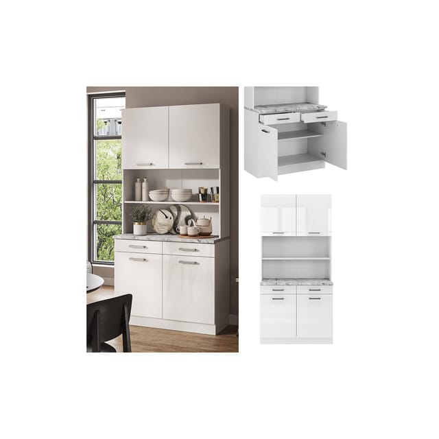 Vicco R-Line Küchenblock Weiß Hochglanz 100 cm AP Marmor ohne E-Geräte