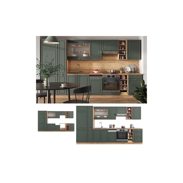 Vicco Fame-Line Küchenzeile Grün-Gold Landhaus/Goldkraft Eiche 355 cm ohne Arbeitsplatte ohne E-Geräte