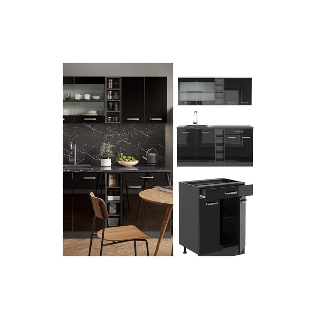 Vicco R-Line Mini-Küche Schwarz Hochglanz/Anthrazit 160 cm ohne Arbeitsplatte ohne E-Geräte