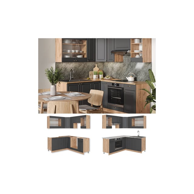 Vicco Fame-Line Eckküche Anthrazit Landhaus/Goldkraft Eiche 160 x 60 cm ohne Arbeitsplatte ohne E-Geräte