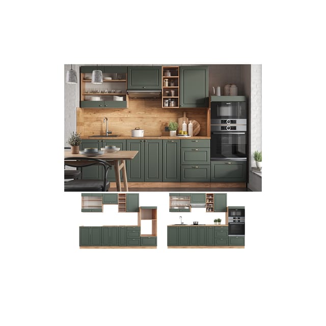 Vicco Fame-Line Küchenzeile Grün-Gold Landhaus/Goldkraft Eiche 280 cm ohne Arbeitsplatte ohne E-Geräte