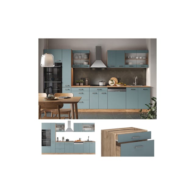 Vicco R-Line Küche Blau-Grau/Goldkraft Eiche 350 cm mit Hochschrankohne Arbeitsplatte ohne E-Geräte